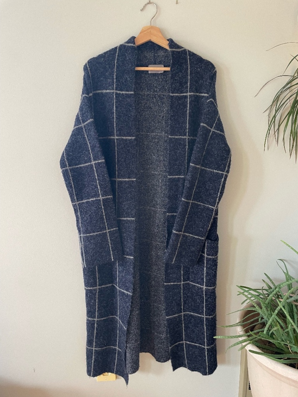 Cyrus Long Blue Plaid Cardigan Cozy Open Front Duster Sweater
